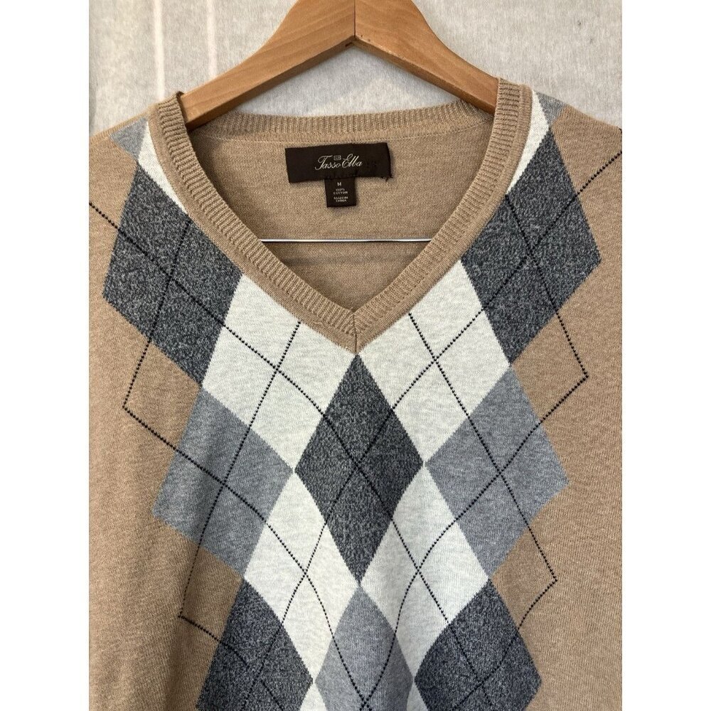 Tasso Elba Mens Sweater Beige Knit Argyle V Neck Cotton L/S Medium Classic - Picture 2 of 6